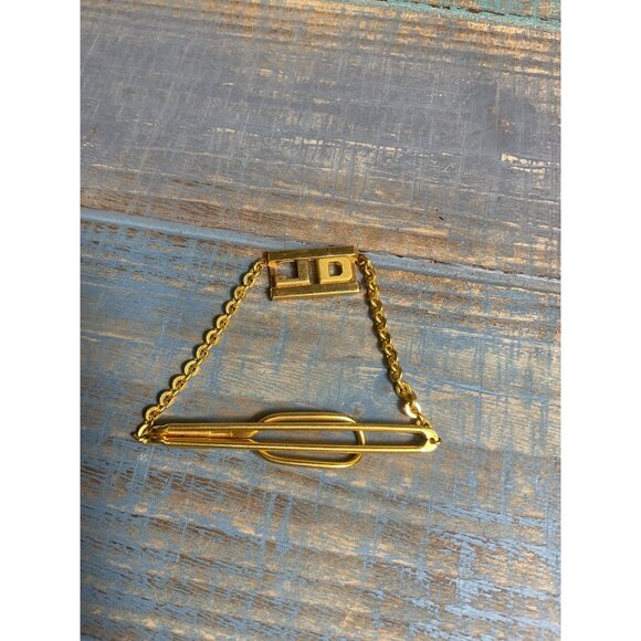 Gold Tone Swank Tie Bar Clip With Chain - Picture 1 of 4